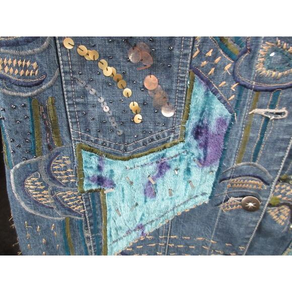 Chico's Design Embroidered Embellished Size 2 (Large) Boho Denim Jacket - Picture 7 of 16